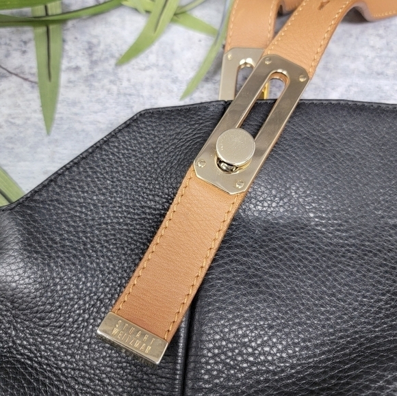 Stuart Weitzman | Black Snap Top Shoulder Bag with Tan Straps - Picture 6 of 6